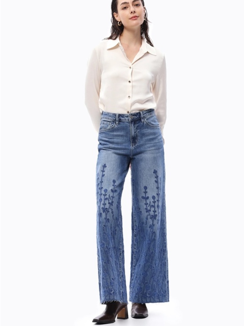 Floral Embroidery Faded Wash High Rise Wide Leg Jeans